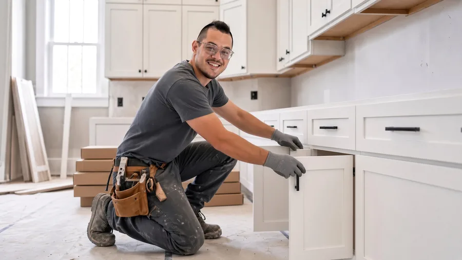Leo installing white shaker cabinetry during a kitchen remodel