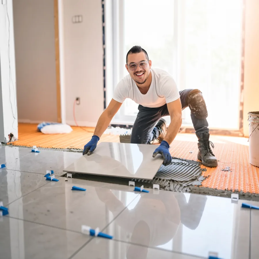 Leo installing large-format polished porcelain tile over an uncoupling membrane, using a tile leveling system