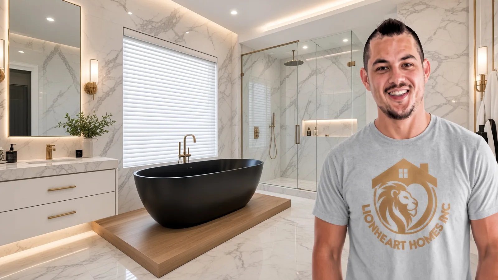 Leo of Lionheart Homes in a finished luxury bathroom with marble walls, a freestanding black tub, and a glass-enclosed shower